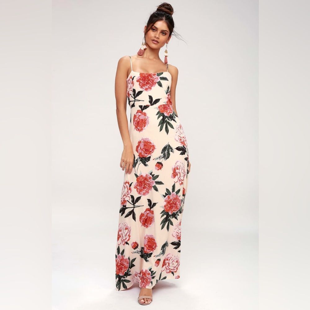 Lulus Santiago Blush Pink Floral Print Backless Maxi Dress Sz M